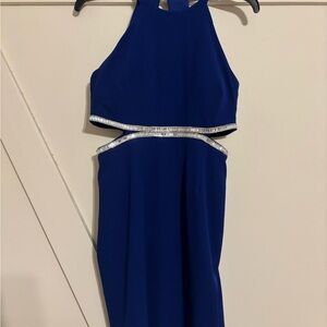 Chic Backless Blue Dress with Silver Trim